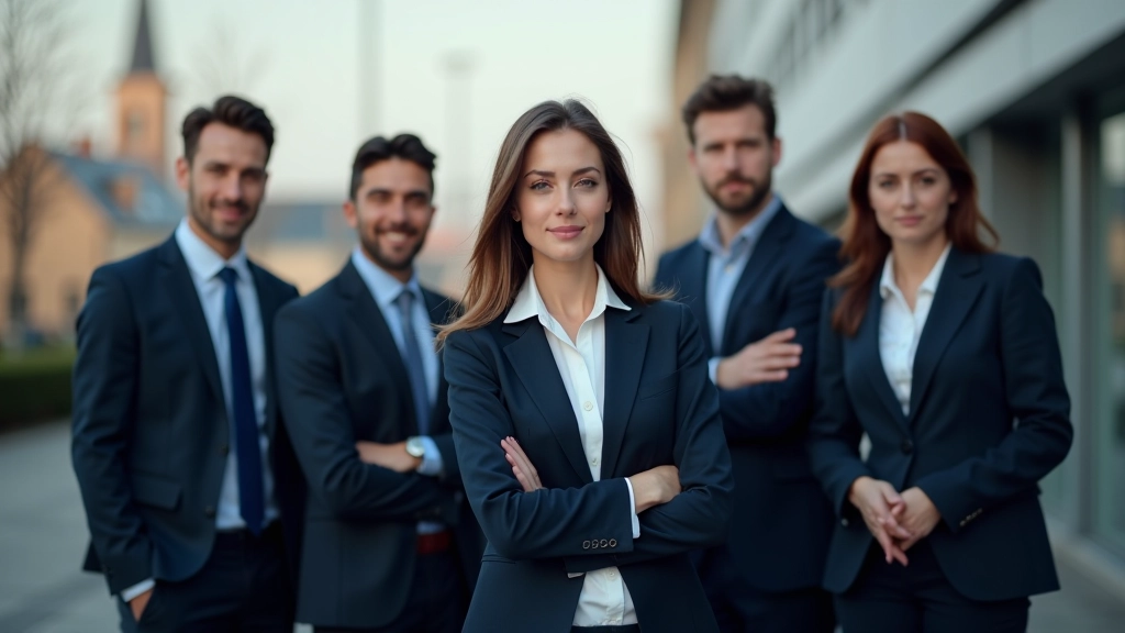 Skupiny různorodých profesionálů stojící spolu v pozadí kancelářské budovy, znázorňující tým a spolupráci