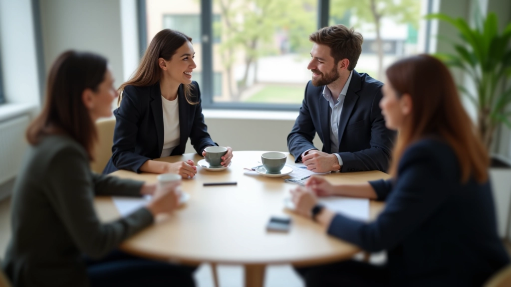 Skupina čtyř profesionálů diskutuje u kulatého stolu se šálkem kávy