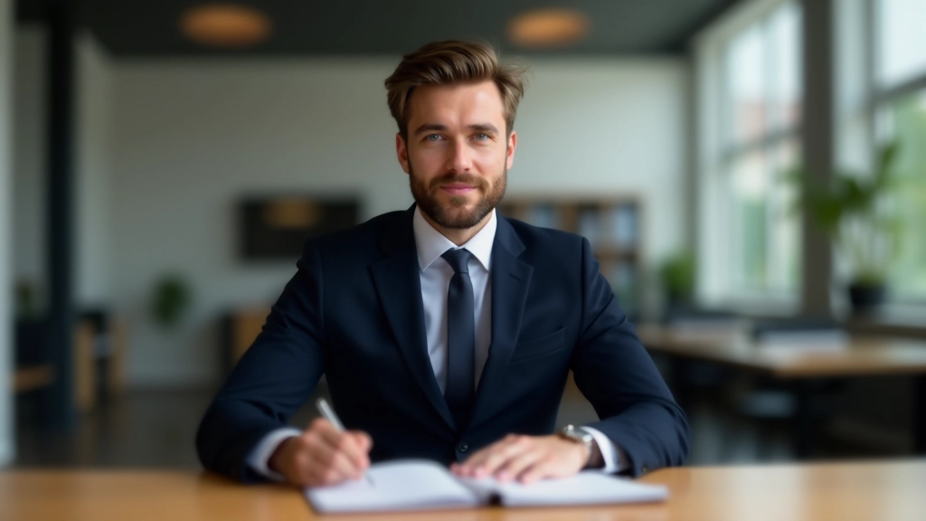 Muž v tmavém obleku sedí u stolu s notebookem a psací tužkou