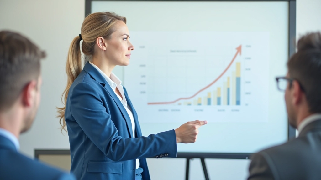 Žena v modrém sáku ukazuje na graf na bílé tabuli během prezentace
